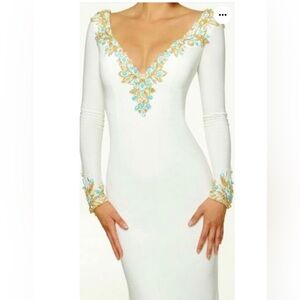 Cream Embellished Floor-Length Gown with Plunge Neckline